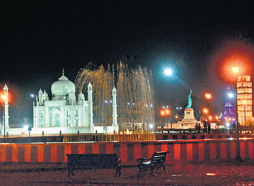 The replicas of seven wonders of world made of marble and stone at Kota in Rajasthan. made of stone resemble the original models.