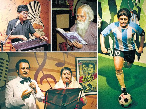 (Clockwise) Singer Manna Dey, Nobel laureate Rabindranath Tagore, footballer Maradona and singers Lata Mangeshkar and Kishore Kumar. DEBASISH B