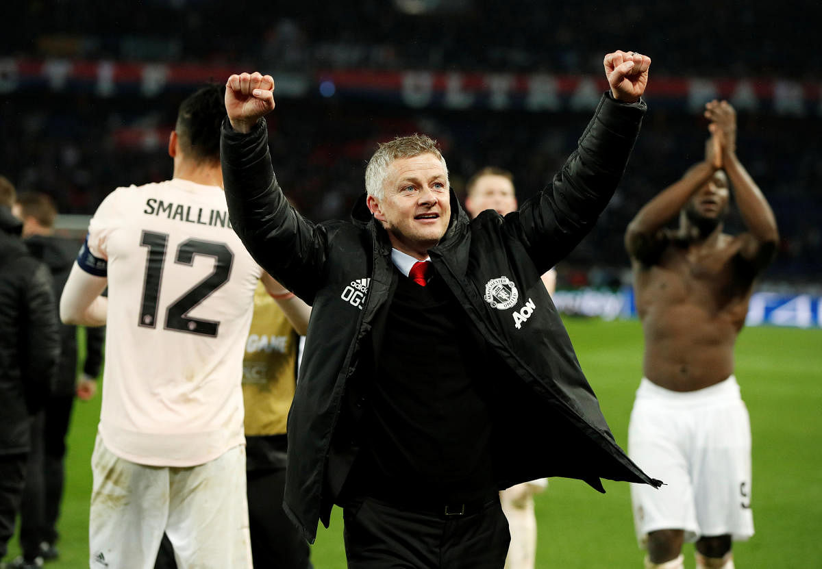 WE DID IT! Manchester United's interim manager Ole Gunnar Solskjaer celebrates after his team's epic win over Paris Saint Germain. REUTERS