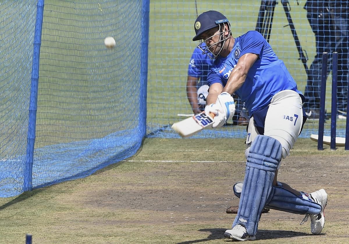 M S Dhoni during India’s training session on the eve of the third ODI match against Australia at JSCA Stadium, in Ranchi, on Thursday. PTI