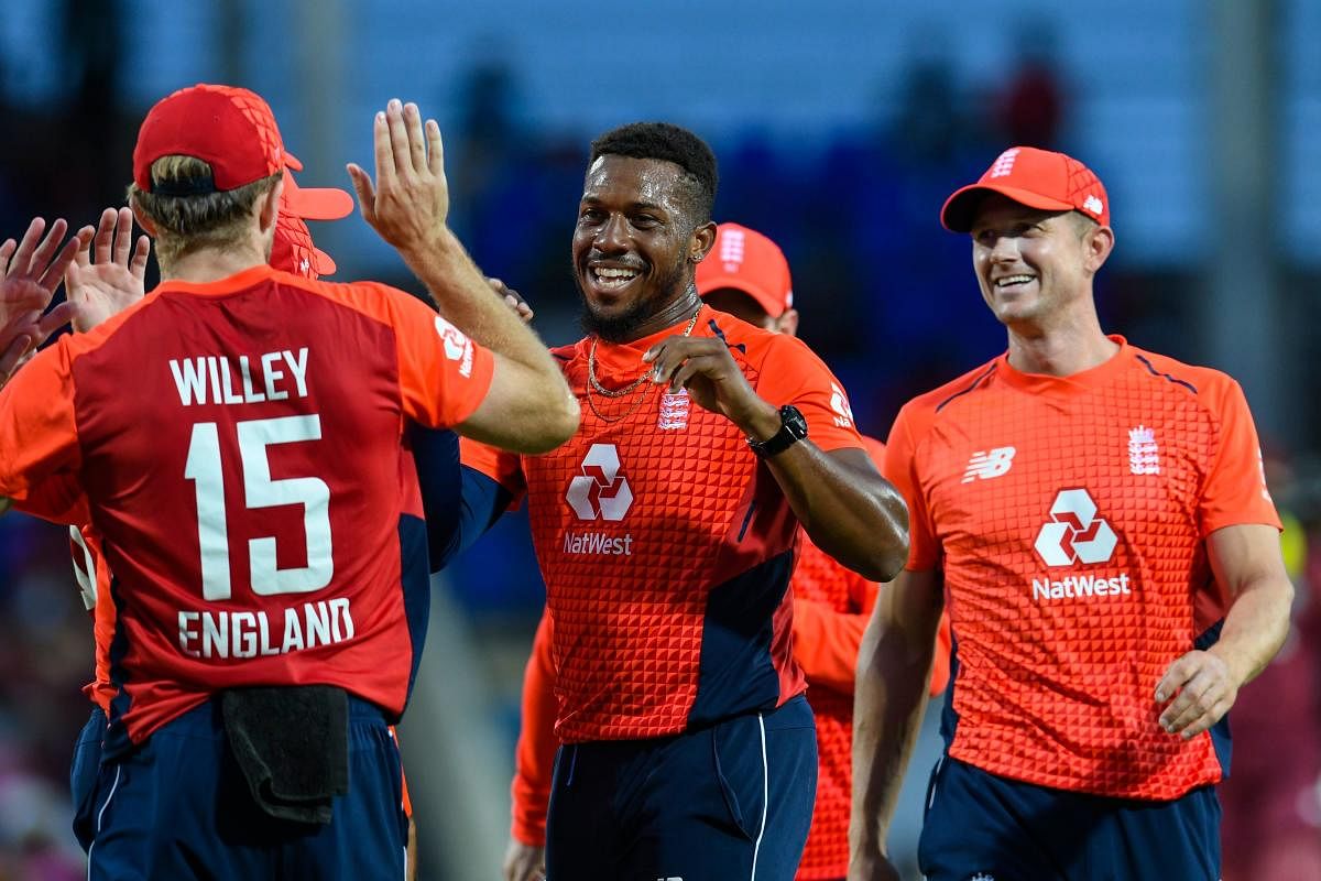 Chris Jordan wrecked the West Indies top-order batting as England completed a crushing, series-clinching victory at Warner Park. (AFP Photo)