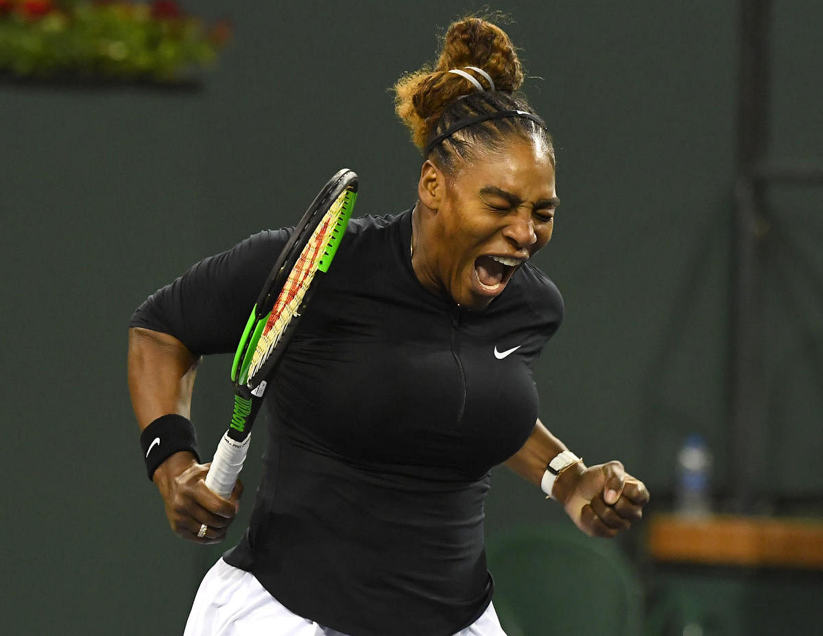 USA's Serena Williams reacts after winning the first set against Victoria Azarenka during their second round match at the Indian Wells on Saturday. USA TODAY 