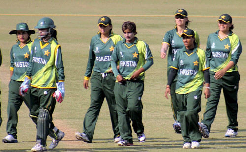 Pakistani women's cricket team during a warm up match against Odisha ahead of ICC Women Cricket World Cup at Barabati stadium in Cuttack on Tuesday. PTI Photo