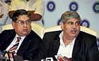 POWER Play:  BCCI President  Shashank Manohar (right) along with BCCI Secretary N Srinivasan interacts with the media after the IPL Governing Council meet at the Cricket Centre in Wankhede Stadium in Mumbai on Monday. PTI