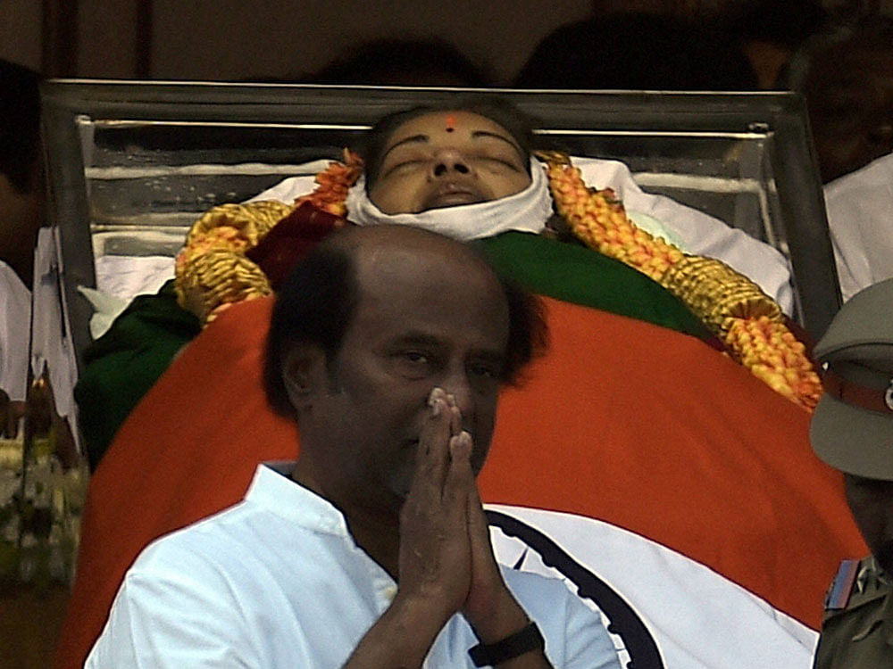 Actor Rajinikanth after paying his last respects to AIADMK Supremo J Jayalalithaa, at Rajaji Hall in Chennai on Tuesday. PTI Photo