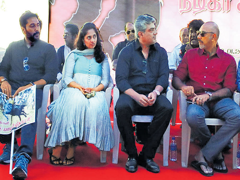 Members of the Tamil film fraternity, including actor Ajith( C), during the hunger strike in Chennai on Friday. DH PHOTO