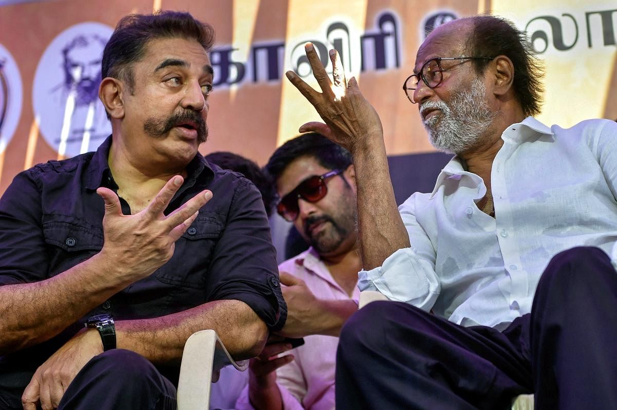 Actor Rajinikanth, along with fellow actor-turned-politician Kamal Haasan at a protest in support of ongoing agitations in Tamil Nadu for the constitution of the Cauvery Management Board (CBM) in Chennai on Sunday. PTI Photo