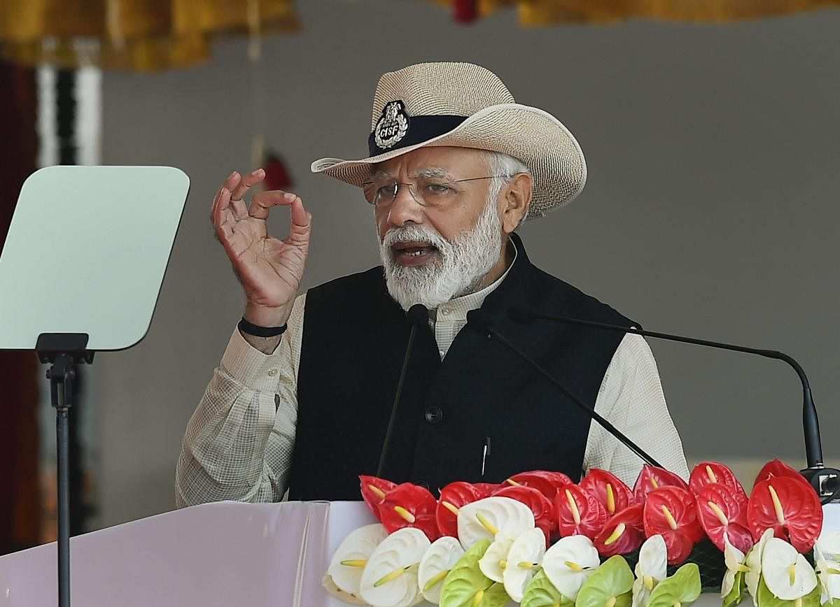 Ghaziabad: Prime Minister Narendra Modi addresses the CISF's 50th Raising Day, in Ghaziabad, Sunday, March 10, 2019. (PTI Photo/Kamal Singh)