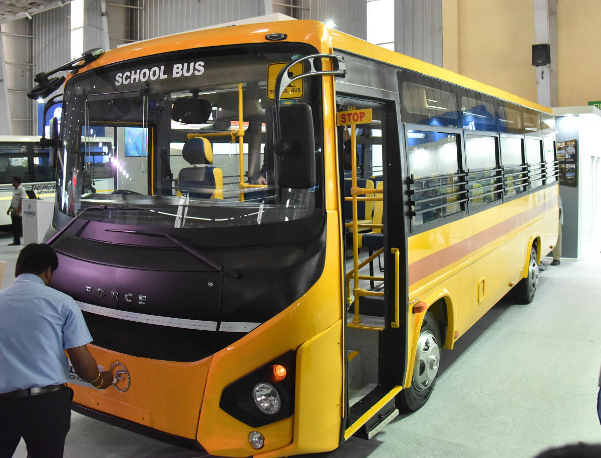 Force School bus at the inauguration of busworld India Bengaluru 8th edition of b2b organised by busworld at BIEC in Bengaluru on Wednesday 29th August. (DH Photo by Janardhan B K)