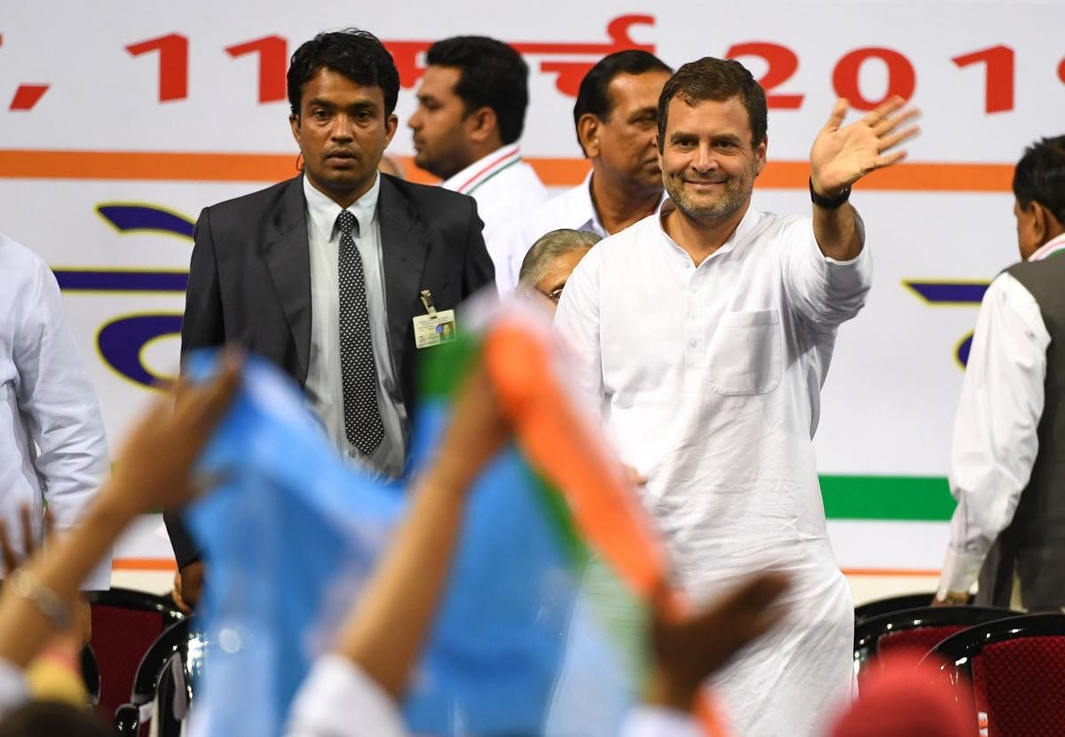 Congress president Rahul Gandhi waves towards the supporters at a campaign rally in New Delhi on Monday. AFP