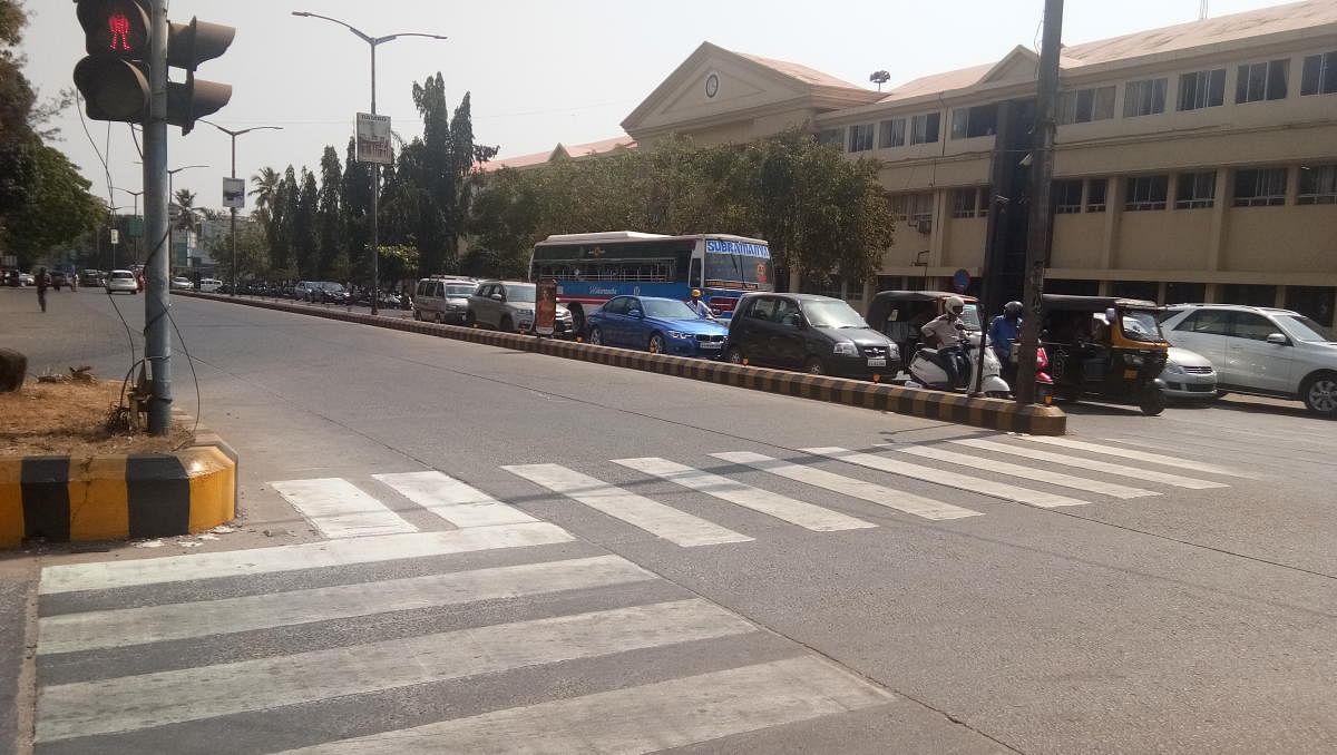 Zebra crossing is painted at Lalbagh Junction in Mangaluru.