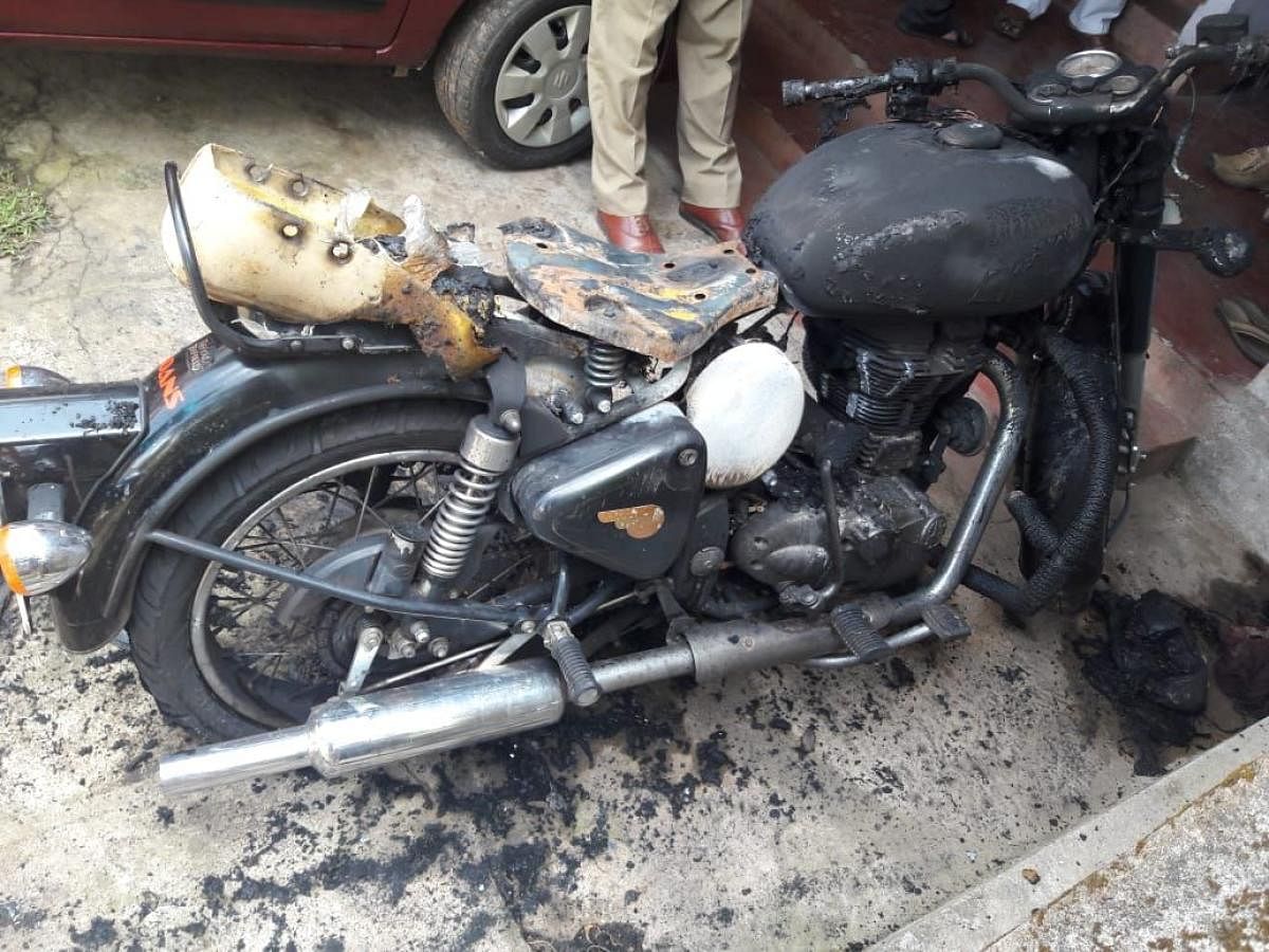 The bike which was set ablaze in Madikeri.