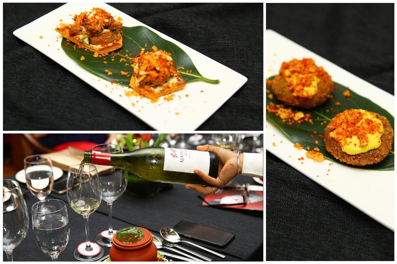 The chicken bitterballen appetizer, the Chardonnay and the Jackfruit inspired appetizer (clockwise). DH Photo
