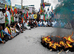 We object: The BJP activists stage a protest in the Kolar Gold Fields on Friday against  rumours that nuclear waste from the Kudankulam power plant would be dumped at the  disused BGML mines. dh Photo