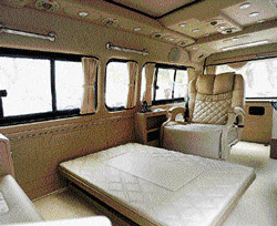 Luxury at its best: Interiors of the hi-tech van from which JD(S) leader H D Kumaraswamy will campaign. DH Photo