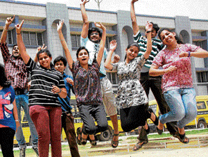 Students celebrate in Gurgaon on Monday, after CBSE class 12th results were declared.  Pti
