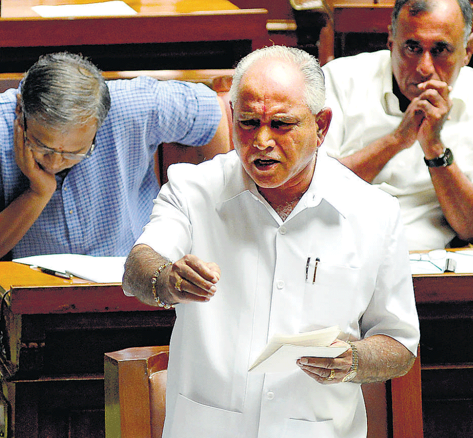 to the point: Former chief minister and KJP leader  B S Yeddyurappa speaks at the Legislative Assembly  in Bangalore on Friday. dh Photo