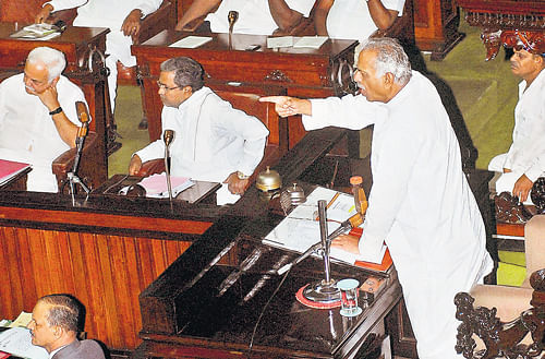 session saga: Speaker Kagodu Thimmappa asks members to maintain decorum of the House when the Assembly witnessed heated arguments on Tuesday. DH Photo