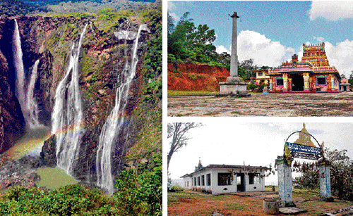 Casting a spell: To catch the falls (left) in full glory, Monsoon is the best time to pay a visit. A fair takes place at the Chowdeshwari Temple (top) at nearby Kargal during Navaratri, drawing many visitors and devotees. The ancient temple of Goddess Chamundeshwari (above), whose idol has two faces, and said to be donated by the Mysore rulers is another place to visit. Photos by the author