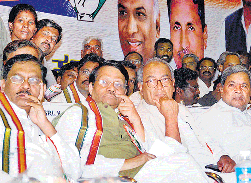 KPCC president G Parameshwara, AICC&#8200;SC&#8200;wing Chairman K Raju, AICC Karnataka in charge Digvijay Singh and Chief Minister Siddaramaiah at the State-level conference of the KPCC SC wing, in Bangalore on Monday. KPN