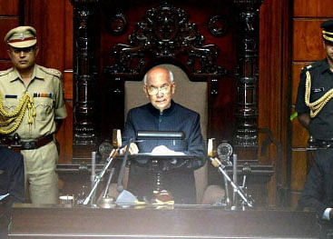 Governor HR Bhardwaj addressing the joint session of the assembly at Vidhan Soudha in Bengaluru on Wednesday. PTI Photo