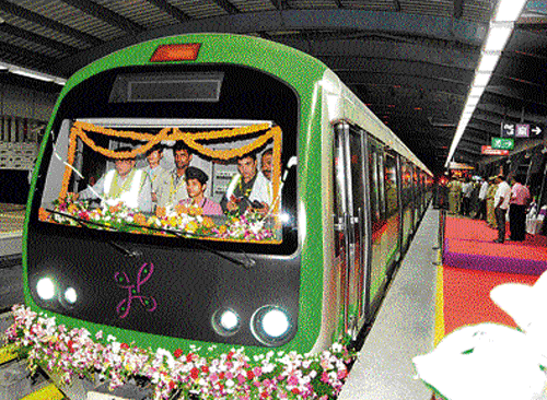 A decked-up Namma Metro Green line after it was flagged off at the Rajajinagar Metro Station in Bangalore on Friday. DH Photo by Satish Badiger