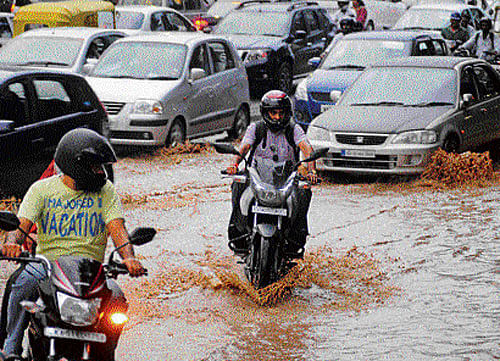 Rain and Slush: Motorists ride through a waterlogged road near Anil Kumble Circle on Saturday. DH Photo