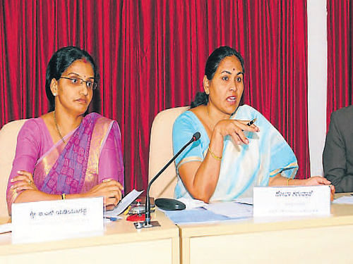 Udupi-Chikmagalur MP Shobha Karandlaje addresses members at the district-level vigilance committee meeting in Udupi on Wednesday. Deputy Commissioner Dr R&#8200;Vishal among others looks on. DH&#8200;photo