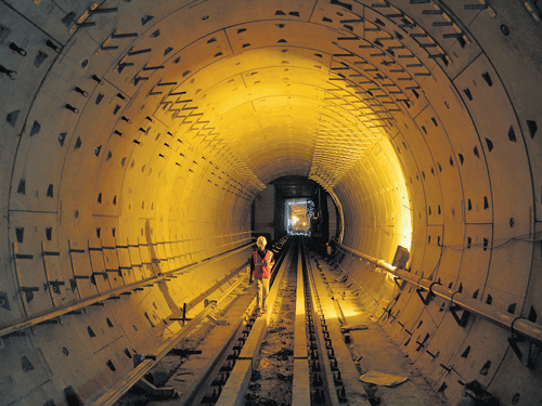 engineering marvel: An inside view of the Metro rail tunnel between Vidhana Soudha and Cubbon Park stations. DH&#8200;photo/Anand bakshi