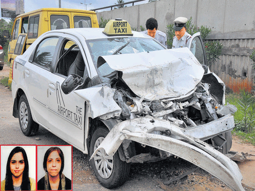 Jagruthi (inset, left) and her mother Priya were travelling in an Airport Taxi when it hit the bus. DH Photo