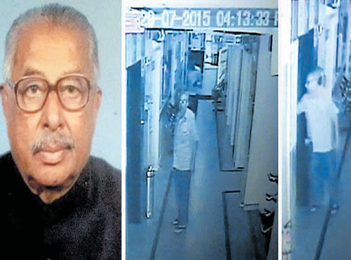Sachidananda Murthy who died after falling into the lift pit in Fortis Hospital in Nagarbhavi onWednesday. (Right) The CCTV footage showing Murthy entering the lift.