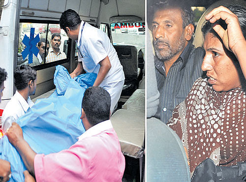 A DAY AFTER :Nimhans staff shift the body of Vishwanath, 22,who was killed in an operation by Garuda Force on Sunday afternoon, into an ambulance to VictoriaHospital for postmortem on Monday. (Left) Bhagyamma, the mother of Vishwanath, in a police vehicle along with a relative. DH PHOTOS