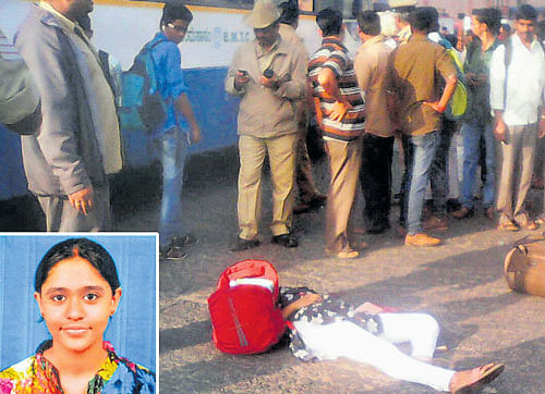 Poornima, a first-year&#8200;PU&#8200;student, was knocked down by a BMTC bus when she was trying to enter the Kempegowda bus stand in Bengaluru on Monday. DH photo