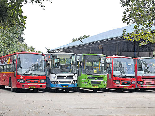 KSRTC buses parked at Shanthinagar depot ahead of the indefinite strike by KSRTC and BMTC employees. dh Photo