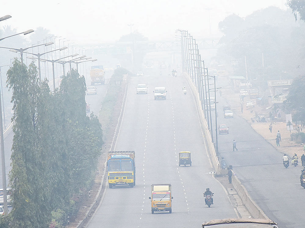 Traffic moves on Tumakuru road in Bengaluru on a cold and foggy Sunday morning. DH Photo/ B H Shivakumar