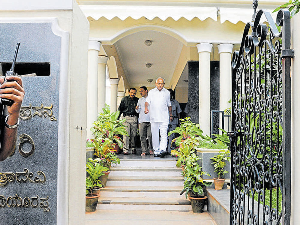 BJP&#8200;state president B&#8200;S&#8200;Yeddyurappa's house at Dollar's Colony in Bengaluru. Yeddyurappa said the police entered his house through the cellar on Saturday night in search of  his relative N&#8200;R Santosh. DH&#8200;File photo