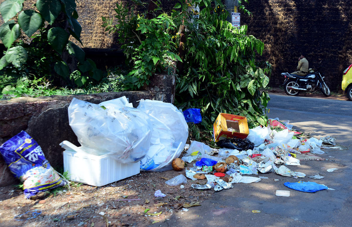 A view of the piled up garbage by the roadside in Mangaluru on Wednesday.