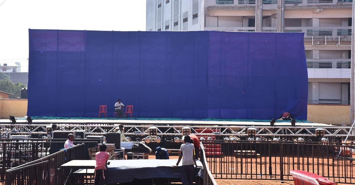 Stage being preprared for the BJP's Parivartana Rally to be held at Nehru Stadium in Hubballi on Thursday.