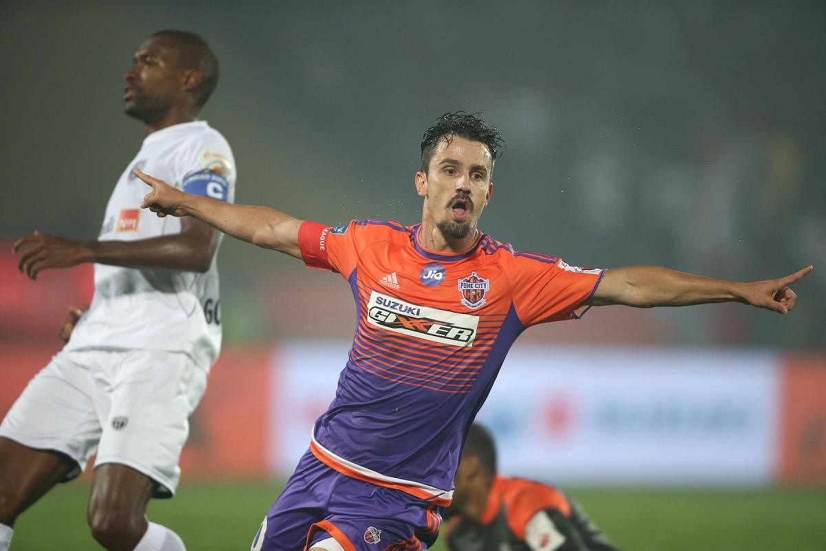 THE SAVIOUR Pune City FC's Marcelinho celebrates after scoring the winner against NorthEast United FC during their ISL clash on Wednesday. ISL MEDIA