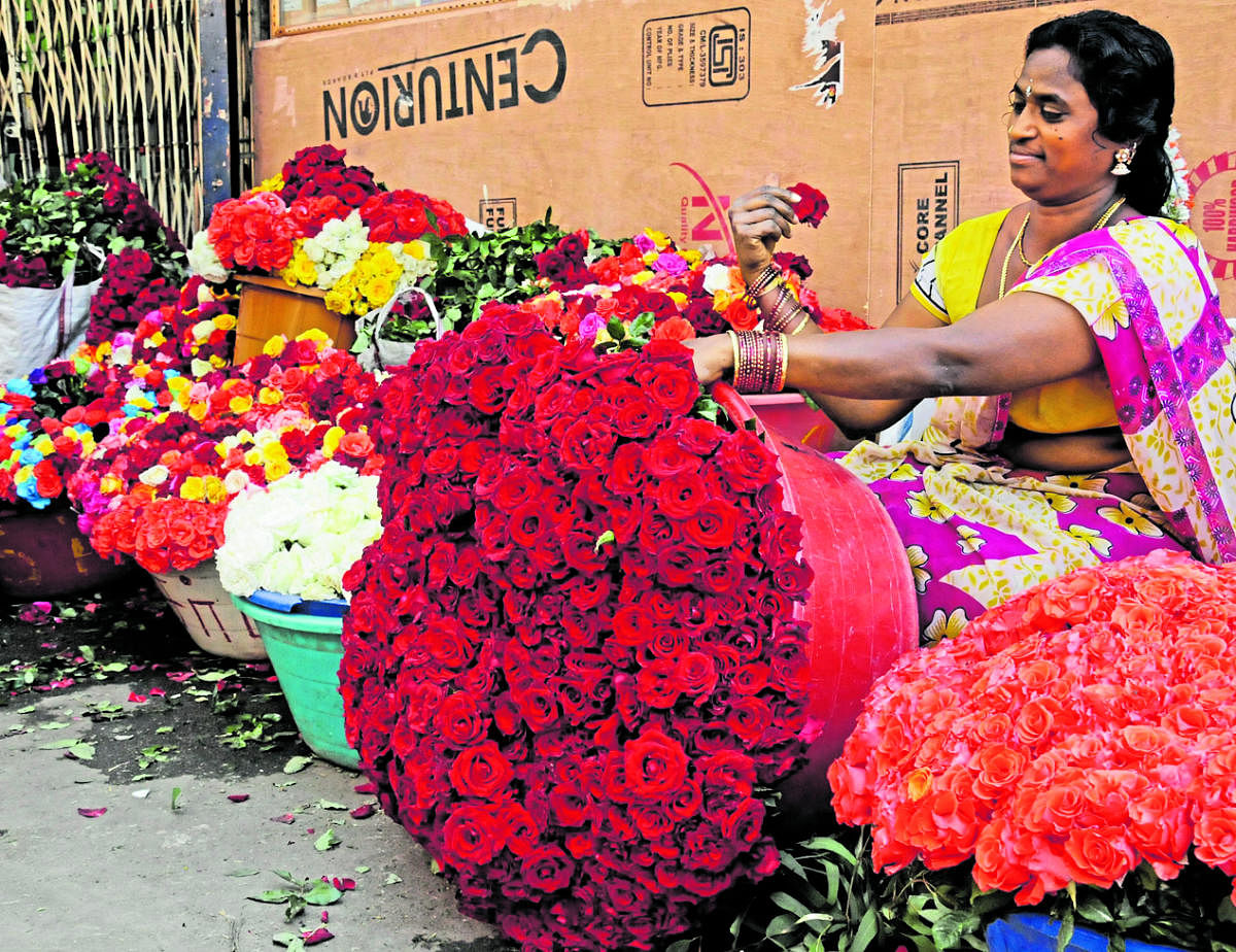 Rose vendors are waiting customers for sell Red roses on the eve of Valentines Day at SJP road in Bangalore on Thursday. Photo by S K Dinesh