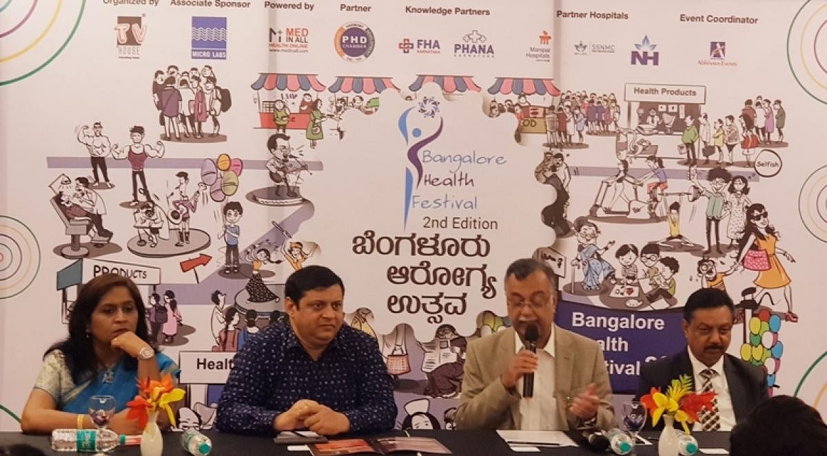 (From left) Dr Shanthala of Bangalore Health Festival; program festival director Deepak Thimaya; president, Manipal Hospital H Sudarshan Ballal; and Nagendra Swamy of Bangalore Health Festival address a press meet ahead of the event.