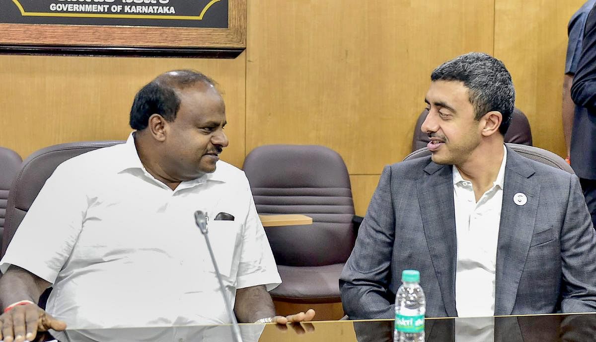 Chief Minister H D Kumaraswamy with UAE Foreign Minister Sheikh Abdullah Bin Zayed Al Nahyan during their meeting in Bengaluru on Saturday. PTI Photo