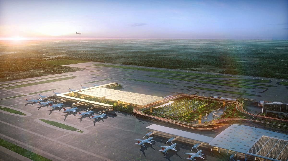 Artist impression of the upcoming second terminal (T2) of the Kempegowda International Airport, and its link to the existing terminal, apron and runways.