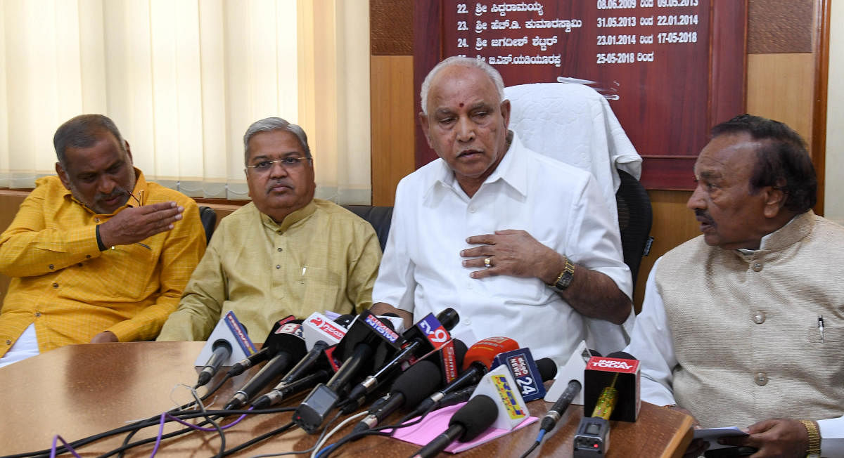 State BJP president B S Yeddyurappa addresses a press conference before the budget session, at Vidhana Soudha, in Bengaluru. (DH File Photo)
