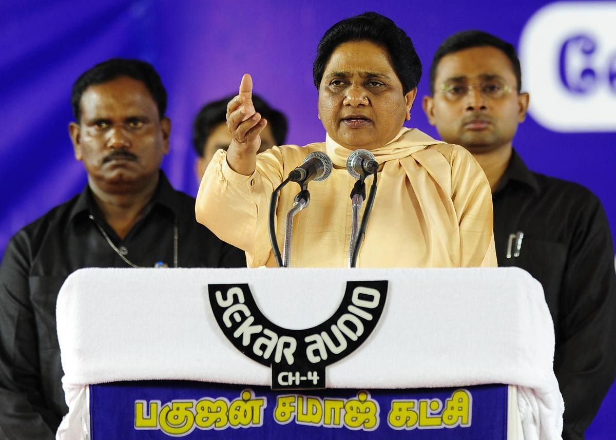 In this file photo taken on May 08, 2016, Bahujan Samaj Party (BSP) leader Mayawati gestures as she addresses supporters during an election rally in Chennai, ahead of voting in state assembly elections on the southern Indian state of Tamil Nadu. AFP