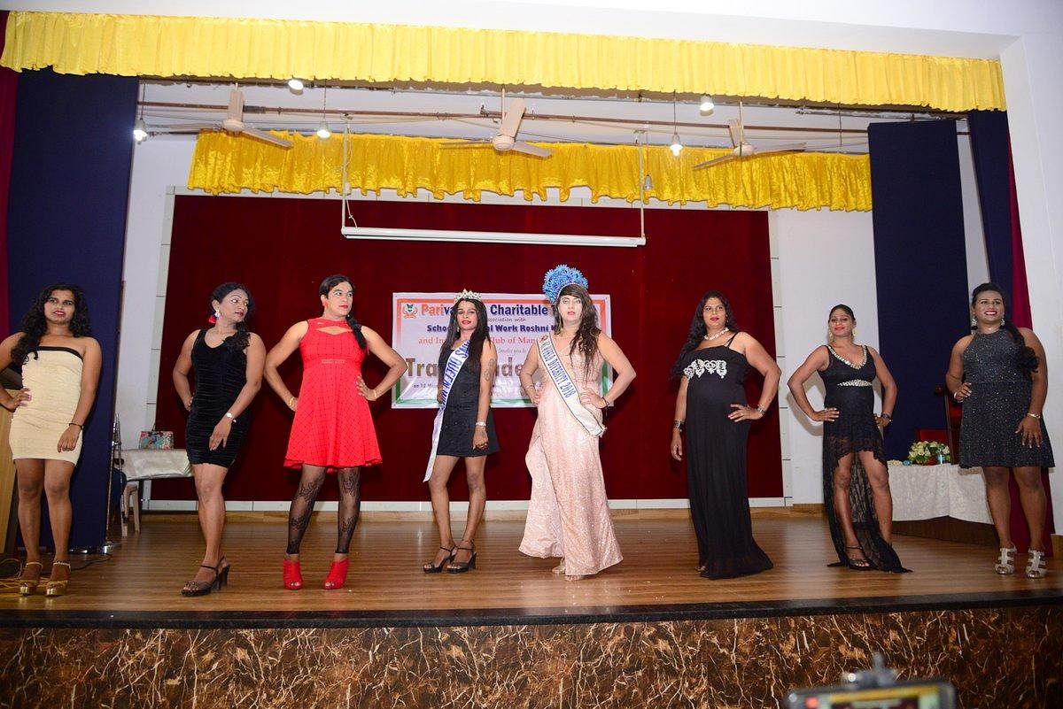 Miss World Diversity 2018 and Miss Trans Queen India Classic 2018 Naaz Joshi (fourth from right) and members of the Parivarthan Charitable Trust take part in a fashion show on the occasion of Transgenders’ Day organised by Parivarthan Charitable Trust and School of Social Work Roshni Nilaya in Mangaluru on Tuesday.