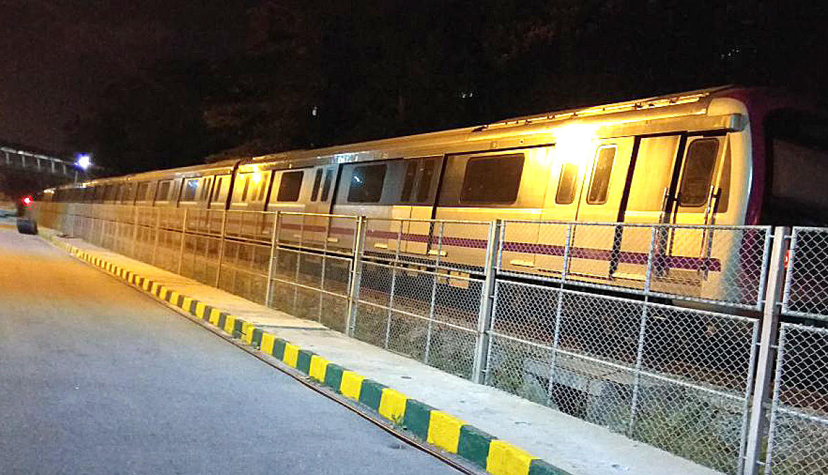 Namma Metro six car train trail run on going during the night time from Byiyappanahalli metro depo in Bengaluru.