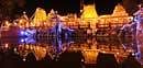 An attractive view of Gangavathara in the temple tank in which the lit up Sri Gokarnanatha temple at Kudroli in Mangalore illuminates. The water from Lord Shivas hand rises to a height of 120 feet. DH photo by Chandrahas Kotekar