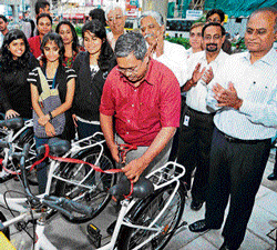 A file photo of BMRCL Managing Director Sivasailam inaugurating the new bicycle stand at MG Road Metro station.