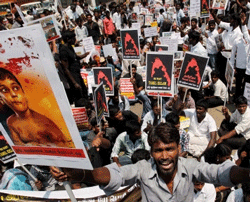 Students' during a protests against Srilanka for alleged human rights violations in Chennai on Monday. PTI Photo
